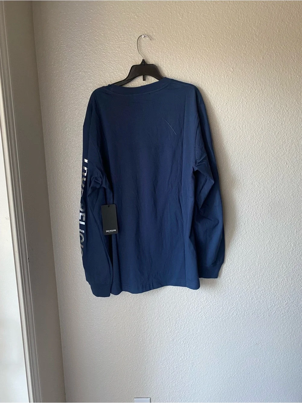 True Religion Navy Long Sleeve Logo Tee with Chest Stripe